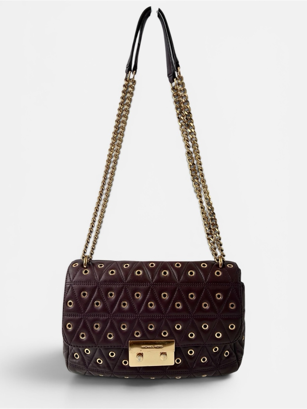 Michael Kors Quilted Grommet Chain Shoulder Bag Dark Purple Leather Flap